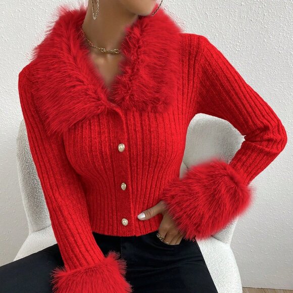 Red Casual Women's Fuzzy Patchwork Slim Fit Cardigan - Picture 8 of 8